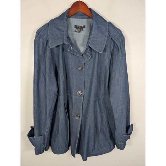 Sandro Jacket Womens 1X Blue Denim Button Front Trench Coat Utility Pockets Tabs - Picture 1 of 14